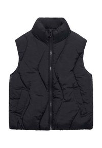 Črna brezrokavna puffer bunda z visoko ovratnikom, sprednjim zadrgo in dvema stranskima žepoma; vsebuje teksturiran, quilted vzorec.