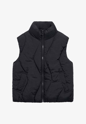 Gilet imbottito senza maniche nera con colletto alto, zip frontale e due tasche laterali; presenta un motivo trapuntato dalla texture.