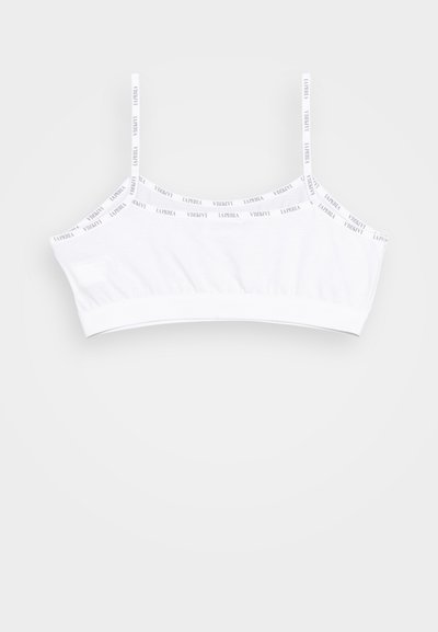Bralette branca com alças ajustáveis e uma faixa com texto repetido. Tecido suave e elástico com um design sem costuras e sem enchimento.