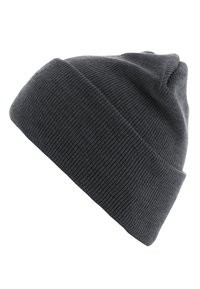 Gray knitted beanie hat with a ribbed texture and slouchy fit, featuring a slight twist at the top and a solid smooth finish.