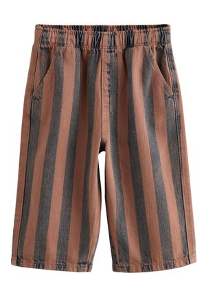 Shorts mi-long avec rayures verticales marron et bleu foncé, taille élastique et poches latérales.