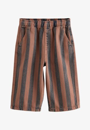 Shorts mi-long avec rayures verticales marron et bleu foncé, taille élastique et poches latérales.