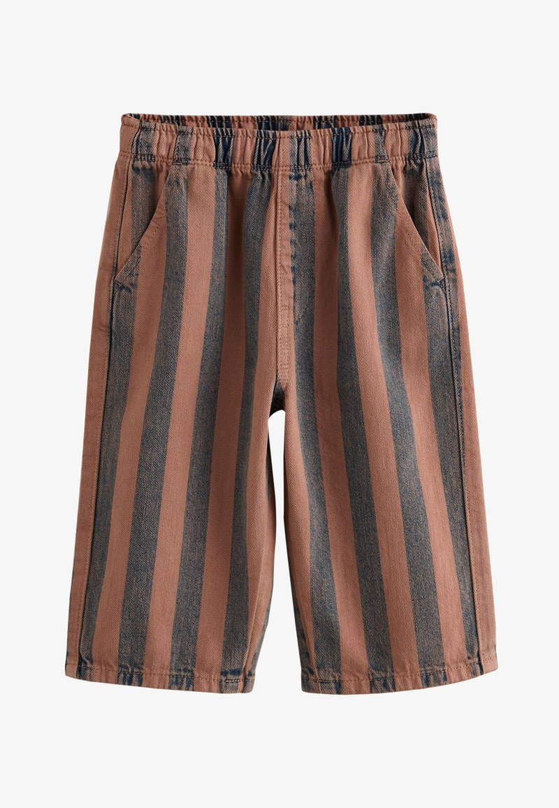 Shorts mi-long avec rayures verticales marron et bleu foncé, taille élastique et poches latérales.