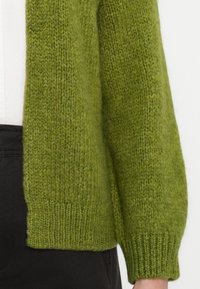 Grüner gestrickter Cardigan mit grober Textur, der gerippte Bündchen und Saum aufweist. Das Design ist offen vorne und wird mit einem weißen Hemd kombiniert.