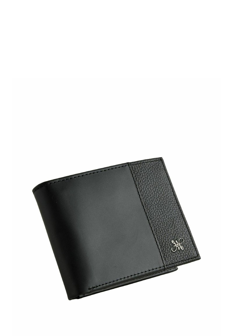 Black leather wallet with smooth and textured finish, featuring a silver logo accent, curved corner design, and visible stitching details.