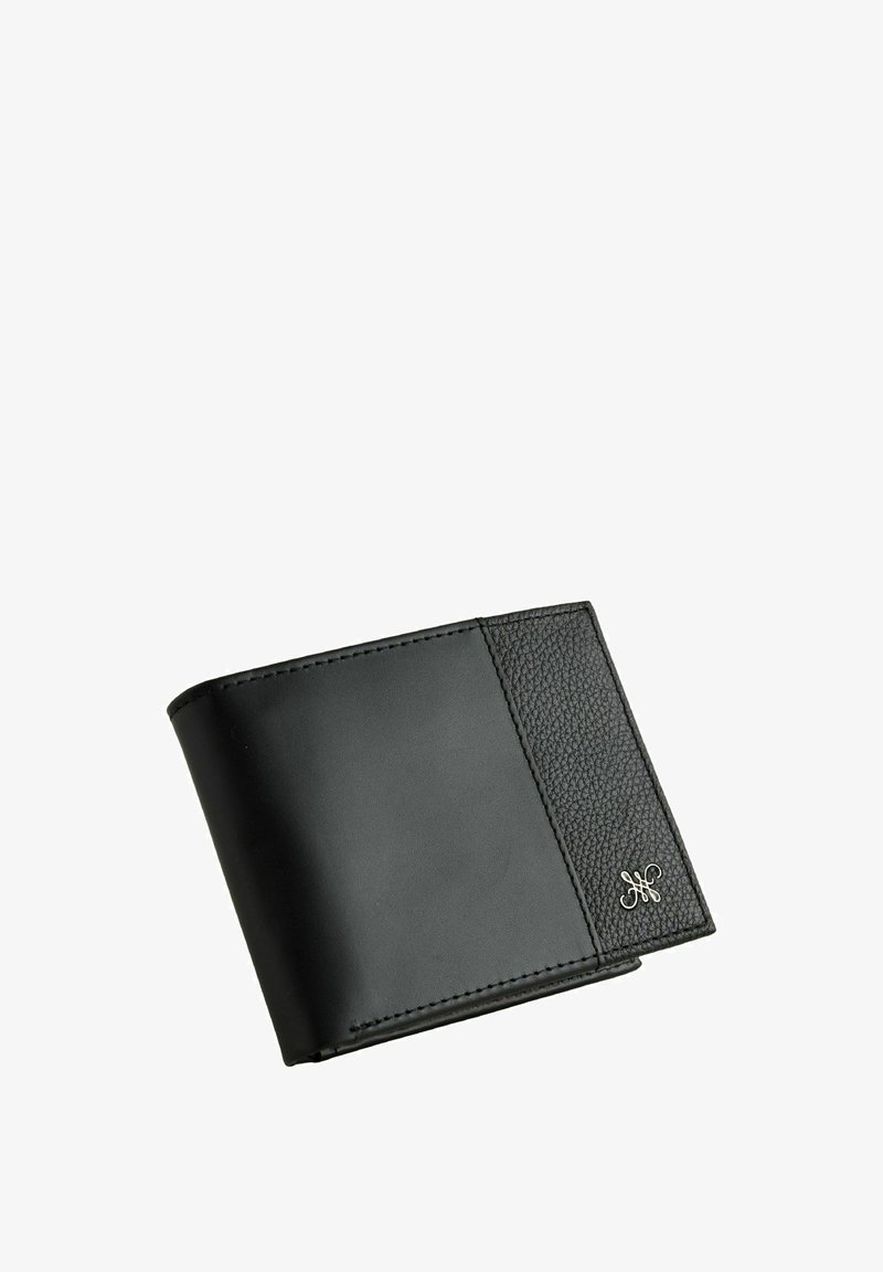 Black leather wallet with smooth and textured finish, featuring a silver logo accent, curved corner design, and visible stitching details.