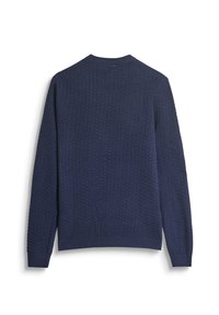 Navyblauwe gebreide trui met een textuurpatroon. Met een ronde hals, lange mouwen en geribde manchetten en zoom.