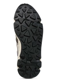 Black rubber shoe sole with triangular tread pattern. Features a speckled white midsole and textured gray accents. Durable and designed for traction.