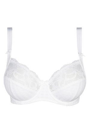 Witte beha met kantdetails en een geruit stoffenpatroon. Verstelbare bandjes en een kleine strikaccent in het midden. Gladde textuur.