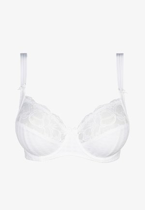 Witte beha met kantdetails en een geruit stoffenpatroon. Verstelbare bandjes en een kleine strikaccent in het midden. Gladde textuur.