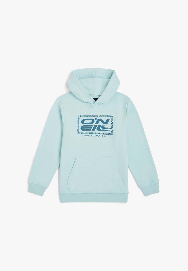 Sudadera de color azul claro con un bolsillo tipo canguro, que presenta un diseño gráfico en azul más oscuro. Confeccionada con tejido suave y capucha con cordón.