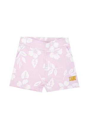 Short rose clair avec une large ceinture, un imprimé floral et feuillage blanc, et un petit logo jaune près de l’ourlet.