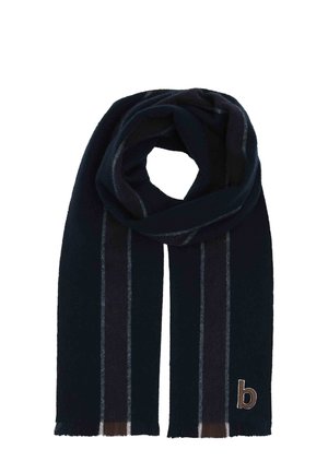 Dark navy scarf with vertical gray and brown stripes and a small brown letter "b" embroidered near the end.
