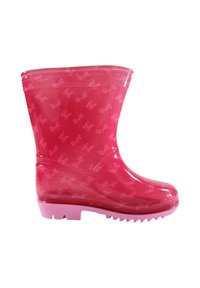 Botte de pluie en caoutchouc rose vif avec des motifs de nœuds rose clair et une semelle striée, conçue pour protéger par temps humide.