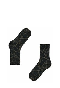 Schwarze Socken mit einem goldenen Kettenmuster, aus einem weichen Material gefertigt, mit einer Standardlänge und einem elastischen Bündchen für einen sicheren Sitz.