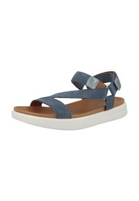 Blaue Wildledersandale mit Kreuzriemen-Design, gepolstertem braunem Fußbett, weißer Gummisohle und verstellbarem Knöchelriemen mit metallischem Akzent.