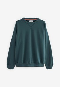 Mørk teal sweatshirt med ribbet crew-udskæring, lange ærmer og elastiske manchetter og kant; glat tekstur, minimalisk design.
