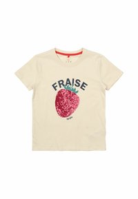 Krémové bavlněné tričko s velkým růžovým motivem jahody a zelenými akcenty, slovo "FRAISE" nad obrázkem, kulatý výstřih, krátké rukávy.