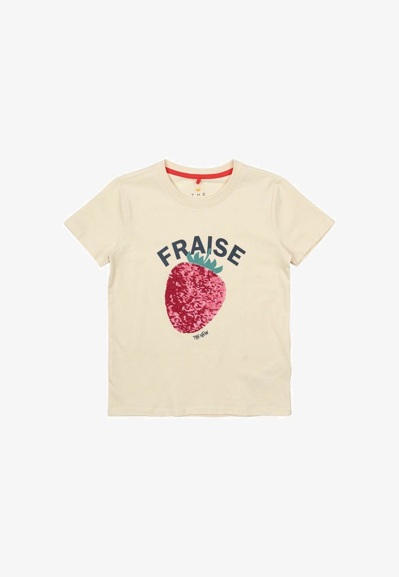 Krémové bavlněné tričko s velkým růžovým motivem jahody a zelenými akcenty, slovo "FRAISE" nad obrázkem, kulatý výstřih, krátké rukávy.