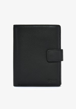 Czarny skórzany portfel o teksturowanej powierzchni, składanym designie i zapięciu na zatrzask. Posiada subtelne oznakowanie w dolnym prawym rogu.