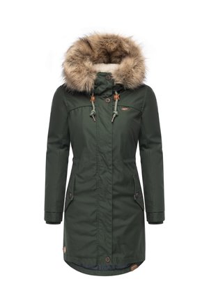 Langer grüner Parka mit Kapuze aus Kunstfell, zwei Außentaschen mit Druckknöpfen, verstellbaren Kordeln und leicht geschwungenem Saum.