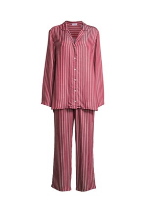 Röda och vita randiga pyjamaser i mjukt tyg, med en knäppning framtill och krage, samt matchande byxor med rak benmodell.