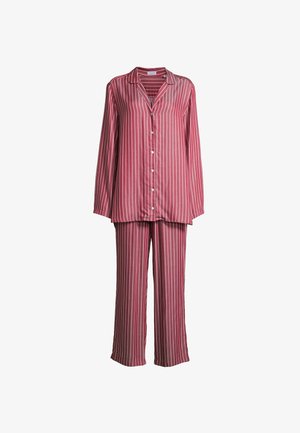 Röda och vita randiga pyjamaser i mjukt tyg, med en knäppning framtill och krage, samt matchande byxor med rak benmodell.