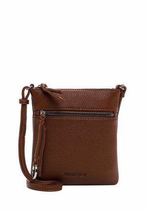 Brown leather crossbody bag with textured surface, zippered pocket, and adjustable strap. Features logo embossed at the bottom.
