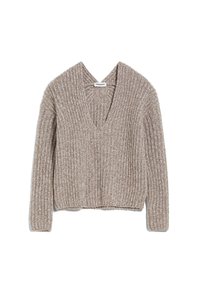 Pull en maille à col en V, mélange beige clair et crème. Présente une texture côtelée et des manches longues avec un ourlet raccourci.