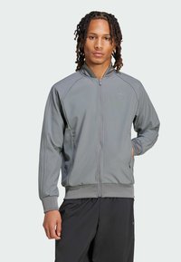 Szara sportowa kurtka z zamkiem z przodu, ściągaczami przy rękawach i u dołu. Posiada boczne paski oraz małe logo na klatce piersiowej. Gładka tekstura materiału.