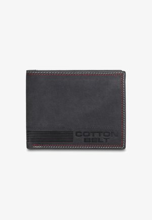 Zwart leren portemonnee met rood-witte stiksels. Voorzien van een geperst "COTTON BELT" logo en een horizontaal gestreept patroon voor textuur. Opvouwbaar ontwerp.