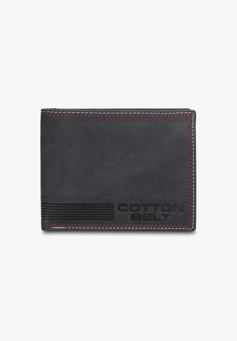 Portafoglio in pelle nera con cuciture rosse e bianche. Presenta il logo in rilievo "COTTON BELT" e un motivo a strisce orizzontali per la trama. Design pieghevole.