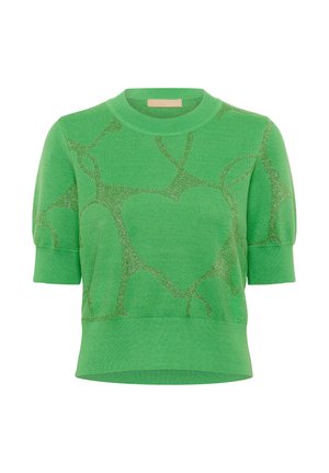 T-shirt en tricot vert à manches courtes avec col rond, bords côtelés et ourlet, présentant un motif de grands cœurs avec des accents métalliques.