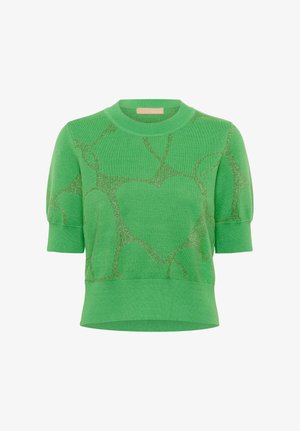 Žalia trumpa rankovė megztinė su apvaliu kaklu, raukšlėtais rankogaliais ir apatine kraštu, su didelių širdžių raštu, papuoštu metaliniais akcentais.