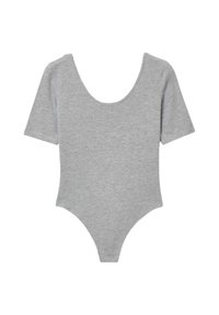 Body grigio a maniche corte realizzato in morbido tessuto misto cotone, con scollatura rotonda e silhouette aderente.