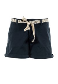 Navyblauwe katoenen shorts met een geweven riem met een lichtgekleurde geometrische print, omgeslagen manchetten en een knoopsluiting aan de voorkant.