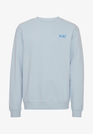 Sweatshirt din bumbac de culoare bleu deschis, cu mâneci lungi, manșete ribbate și gât rotund. Prezintă un mic text grafic pe piept. Textură netedă.