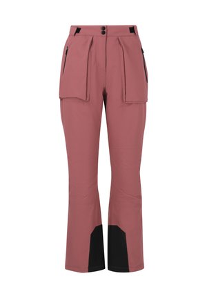 Roze waterdichte broek met een recht model, voorzien van zakken en zwarte accenten op de onderbenen. Het materiaal lijkt glad en duurzaam.