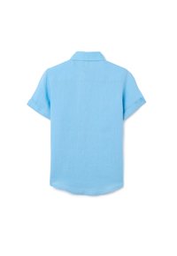 Camicia azzurro chiaro a maniche corte con collo classico, realizzata in un tessuto morbido. La parte posteriore presenta una texture sottile e un orlo curvo.
