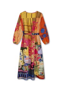 Kleurijk lang mouwen jurk met een mix van bloemen- en geometrische patronen. De materialen lijken lichtgewicht en hebben een gerimpelde taille en een gekleurde riem.