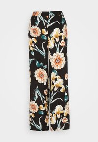 Pantalons larges noirs présentant un motif floral avec des fleurs orange, jaunes et blanches, complété par des feuilles vertes et une texture lisse.