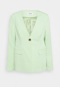 Jasnozielona marynarka o głębokim dekolcie w kształcie litery V, z jedynym brązowym zapięciem na guzik, dwoma przednimi kieszeniami i długimi rękawami. Gładka tekstura, zorganizowany fason.