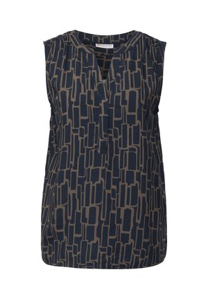 Top senza maniche blu navy con un motivo geometrico beige, caratterizzato da un scollo a V e spalle leggermente arricciate. Tessuto leggero.