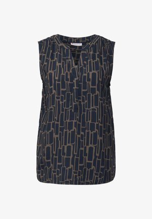 Námořnická modrá bezramínková blůza s geometrickým béžovým vzorem, se svým V-výstřihem a mírně nařasenými rameny. Lehce prodyšný materiál.