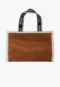 Braune Wildleder-Shopper-Tasche mit weißem, flauschigem Besatz. Verfügt über einen schwarz-weißen Riemen mit dem Text "MARC ELLIS". Rechteckige Form. Glatte Textur.
