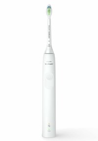 Brosse à dents électrique Philips Sonicare ; design élégant en blanc, tête de brosse effilée avec des accents bleu et vert, bouton d'alimentation et voyants lumineux.