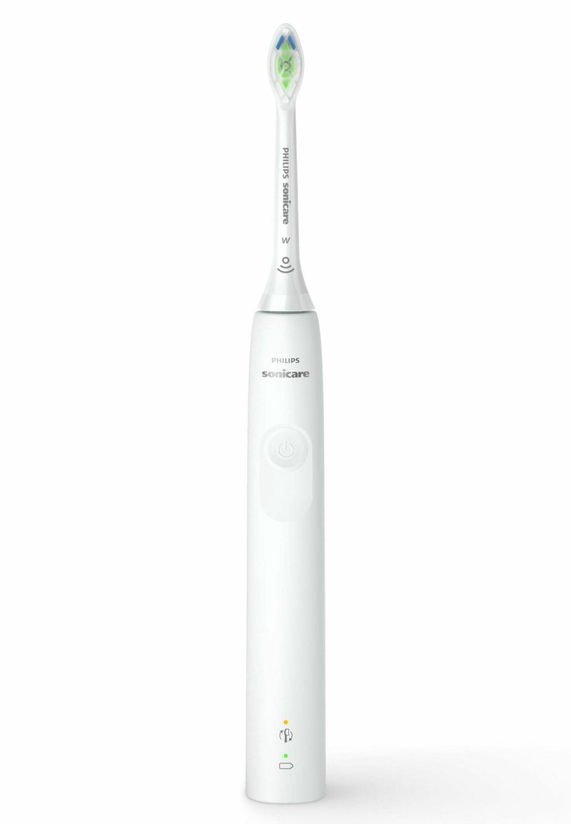 Brosse à dents électrique Philips Sonicare ; design élégant en blanc, tête de brosse effilée avec des accents bleu et vert, bouton d'alimentation et voyants lumineux.