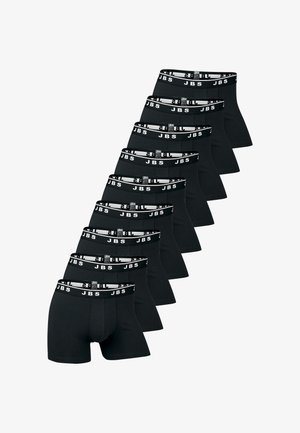 Pakke med ti sorte boxer shorts lavet af bomuld, med en bred elastisk talje med hvid branding. Hver par har et tætsiddende design.