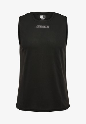 Black sleeveless athletic shirt made of soft, breathable fabric. Features a crew neckline and embroidered "HUMMEL" logo in white.