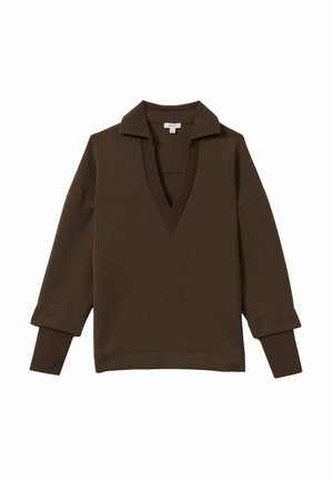 Brown pullover sweatshirt with a wide V-neck, short sleeves, and ribbed cuffs. Made from soft fabric with a relaxed fit.
